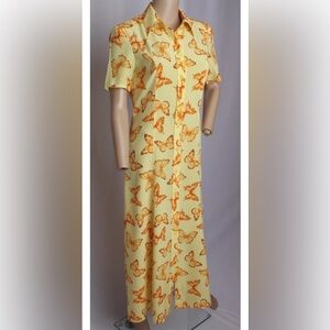 VTG 80's Escada Yellow Orange Butterfly Bugs Insect Print Silk Grunge Dress 34
